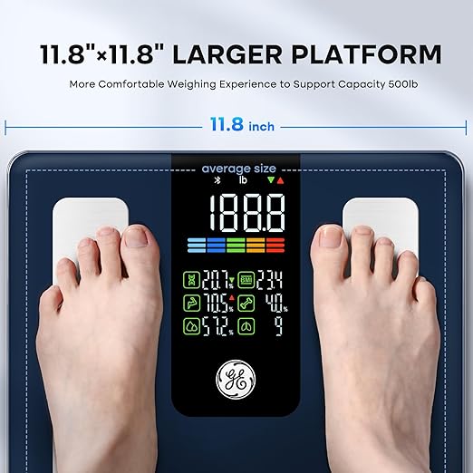 GE Scale for Body Weight Smart: Digital Bathroom Body Fat Scales for BMI Muscle Bluetooth Smart Weight Monitor 11.8" Large Platform Accurate Weighing Machine Health Analyzer with App 500lbs Black