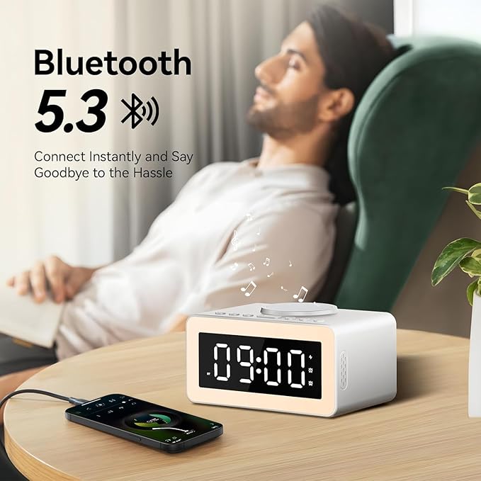 Dual Speaker White Noise Sound Machine, Wireless Charging Alarm Clock for Sleeping with 5.3 Bluetooth, Soothing Music, Dimmable Night Light, Sleep Timer, Ideal for Bedroom, Baby & Adults