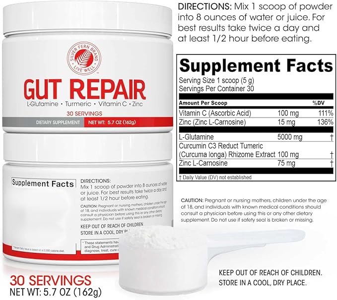 Silver Fern Gut Repair - Digestive Health Supplement Powder - L-Glutamine, Curcumin, Zinc & Ascorbic Acid (1 Tub - 30 Servings)