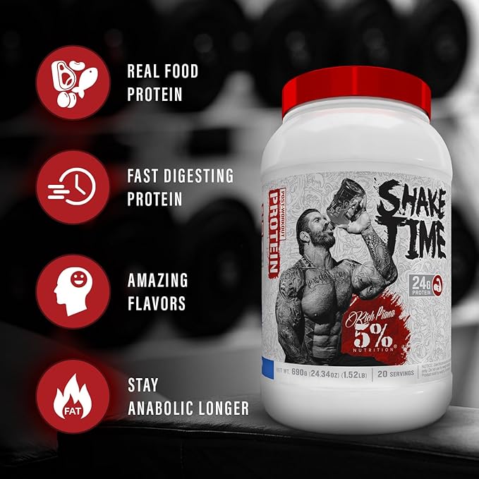 5% Nutrition Rich Piana Shake Time | 24g Animal Based Protein Drink | Grass-Fed Beef, Chicken, Whole Egg (Birthday Cake)