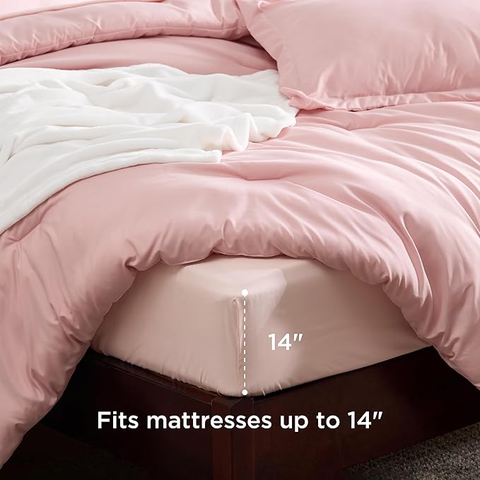 Bedsure Twin Comforter Set Pink, 6 Pieces Prewashed Twin Size Bed in a Bag with Soft Fleece Bed Blanket, Down Alternative Bedding Set for All Seasons, Sheets, Pillowcase & Sham
