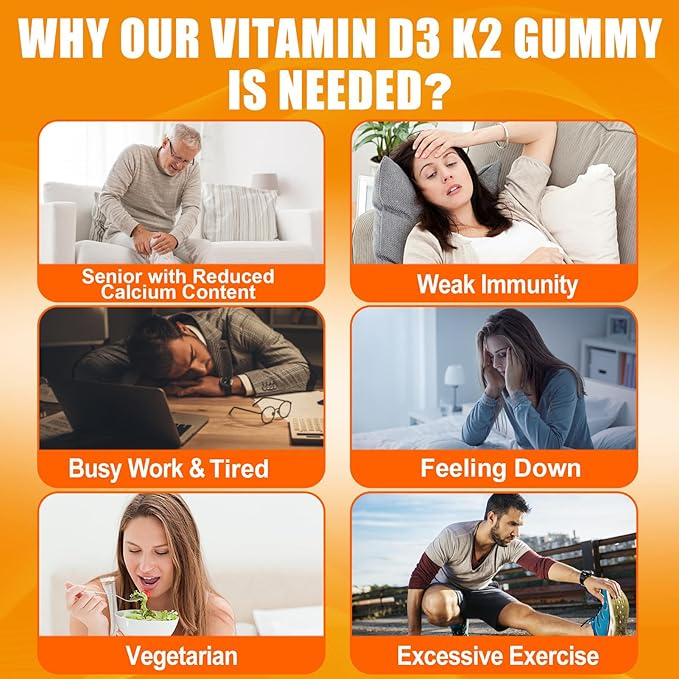 Vitamin D3 K2 Gummies for Adults - Vitamin D3 5000IU + K2 (MK-7) 120mcg - Sugar-Free D3 and K2 Supplements with Omega-3, Methyl B12, B9, B6, Vitamins E & Zinc - for Calcium Absorption & Immune Health