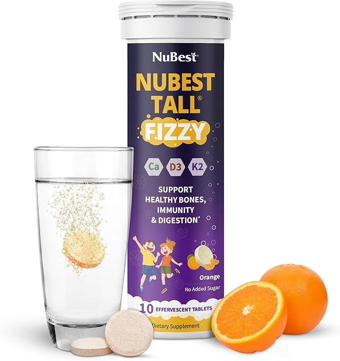 NuBest Tall Fizzy - Bone Strength, Immunity, Digestive Health for Kids & Teens | Probiotic, Calcium, Magnesium from Red Marine Algae, Vitamin D3, K2 & Zinc | 30 Orange Effervescent Tablets - Ages 4+