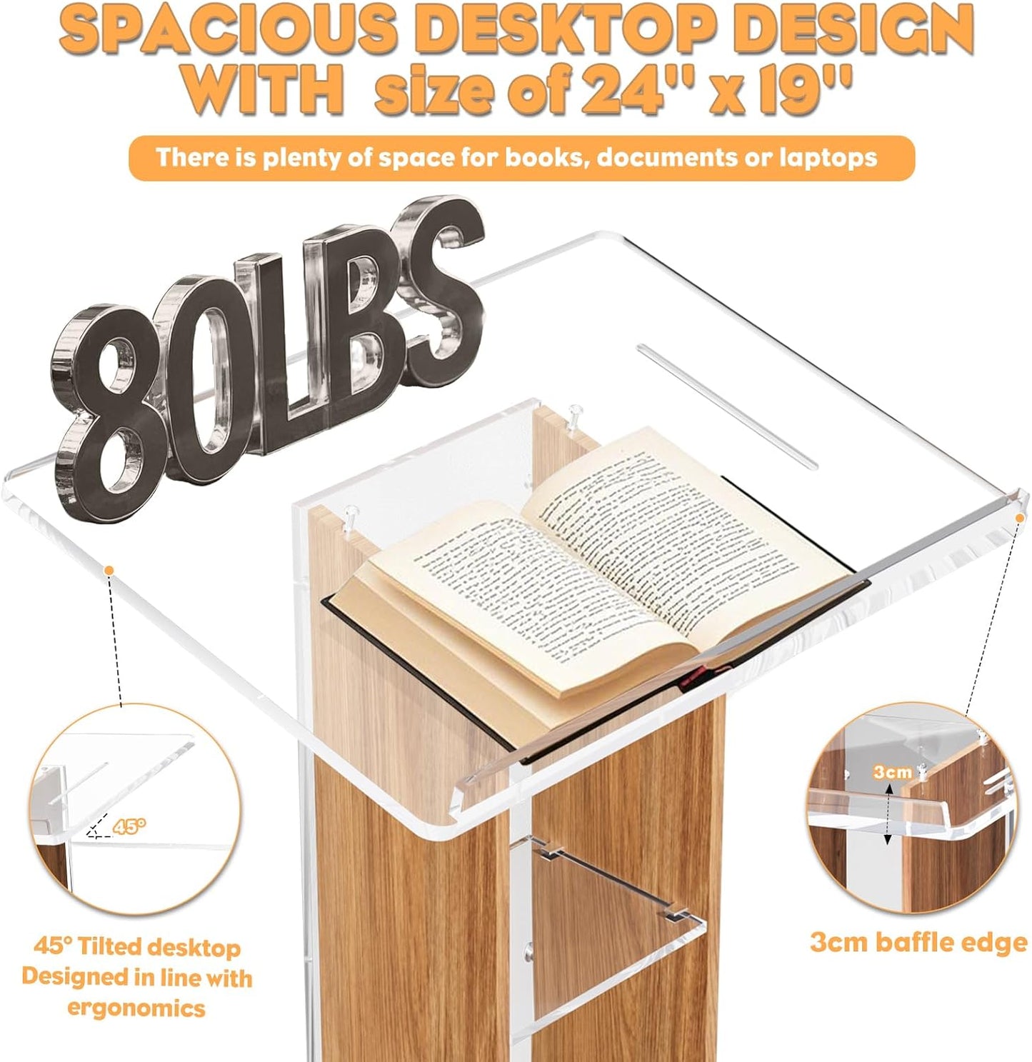 Acrylic Podium Stand, Ultra Clear 43'' Pulpits for Churches with 15 Color Adjustable, Modern Lectern with Storage Sheld for Church,Conference,Speech, 23.62”x 15.75”X 43.3” (Style 4)