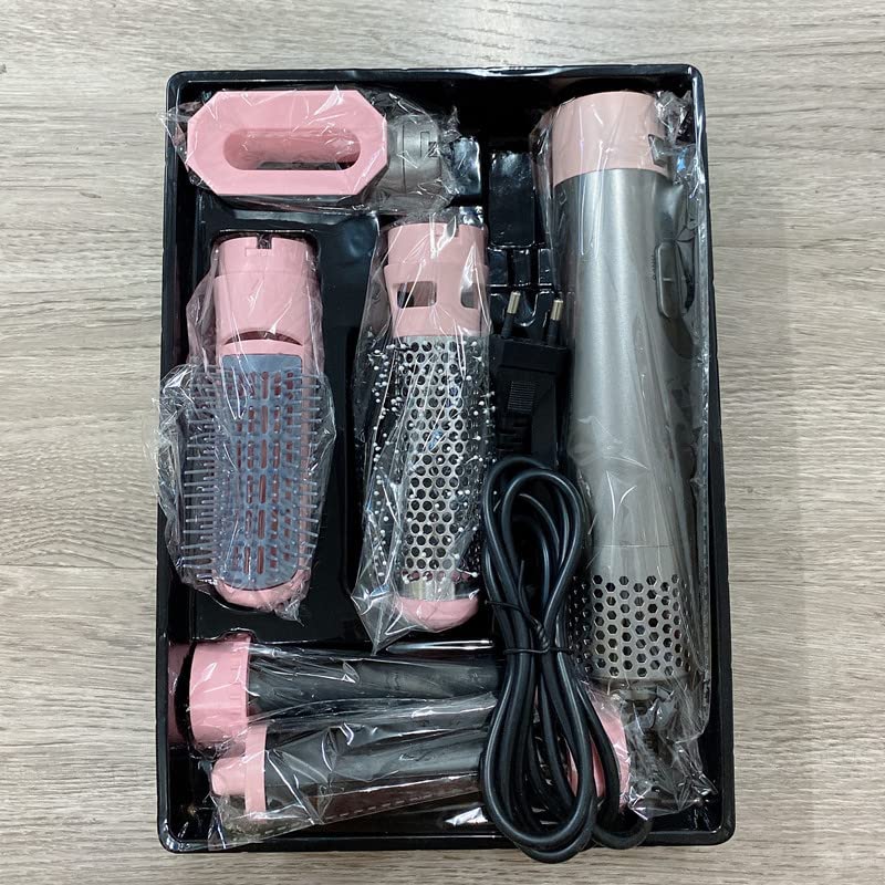 5-in-1 hot air comb, hair dryer, automatic curling iron, straight hair styling comb (Pink)