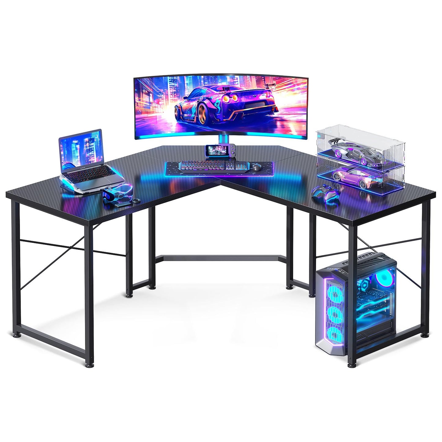 Casaottima L Shaped Gaming Desk, Corner Desk Gaming Table for Home Office, Computer Desk Sturdy Writing Workstation for Small Space, Easy to Assemble, 51 inch, Carbon Fiber Surface, Dark Black