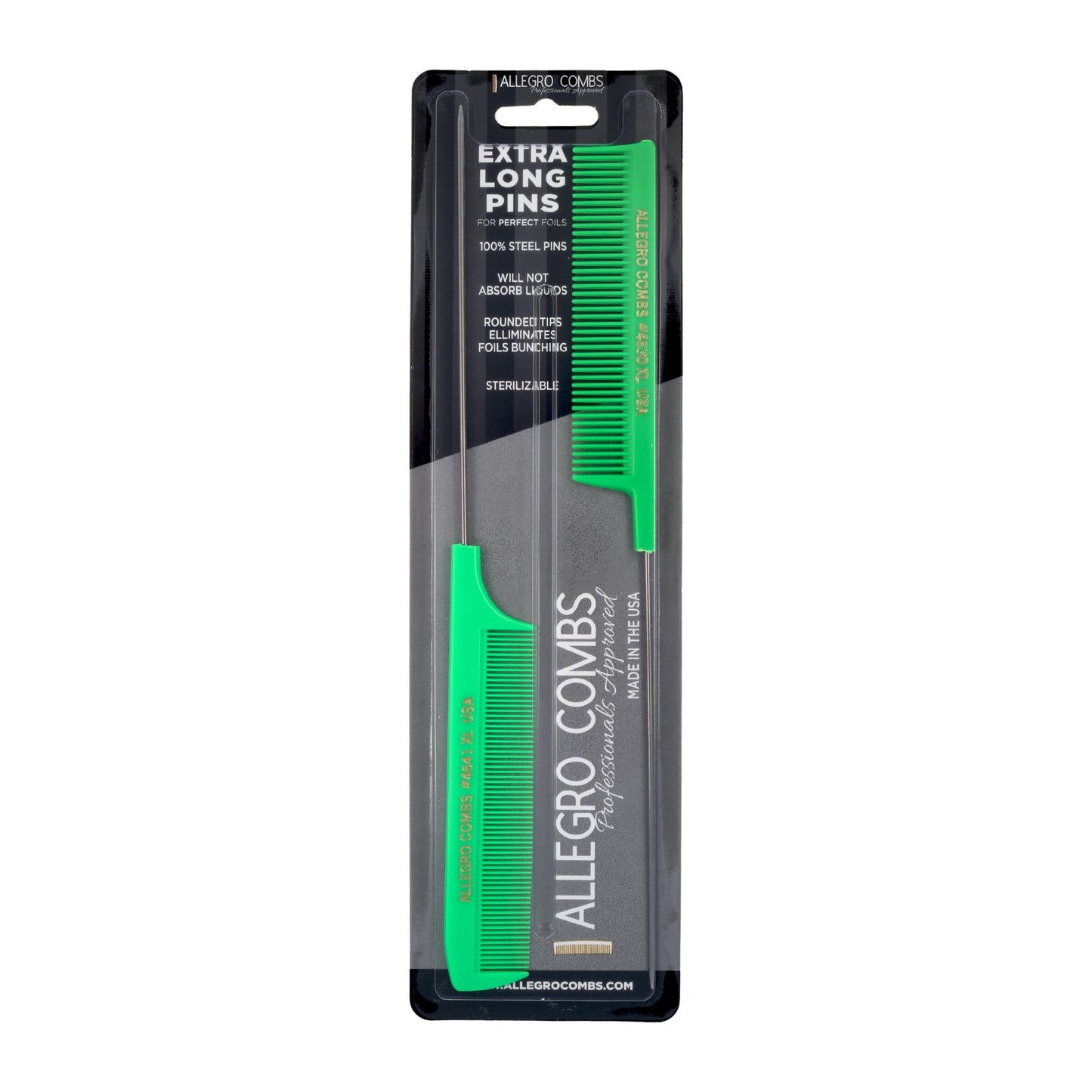 Allegro Combs XL Pintail Rat Tail Combs Parting Combs Metal Tail Foiling Combs Pin Combs Stitch Braids Combs2 Pc. (Neon Green)
