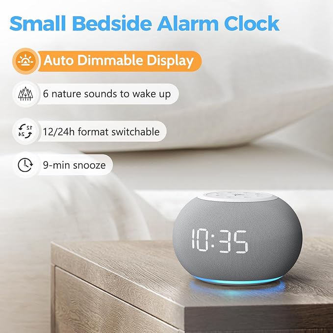Reacher Auto-Dimmable Sound Machine Alarm Clock with Night Light, 20 Soothing Sounds, LED Digital Display, Sleep Timer, Precise Volume Control, White Noise Soother for Baby, Adults, Bedrooms
