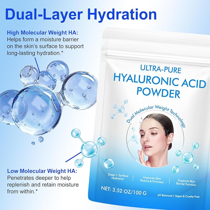 Hyaluronic Acid Powder - 2 Pack Multi-Level Hydration Support, Improves Skin Texture, Supports Healthy Skin Barrier, Natural Multi-Use DIY Facial Serum 3.52 Oz