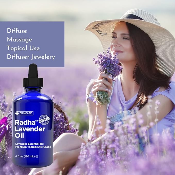 Radha Beauty - Lavender Essential Oil 4oz - Premium Therapeutic Grade, Steam Distilled for Aromatherapy, Relaxation, Laundry, Meditation, Massage, Yoga, Relief