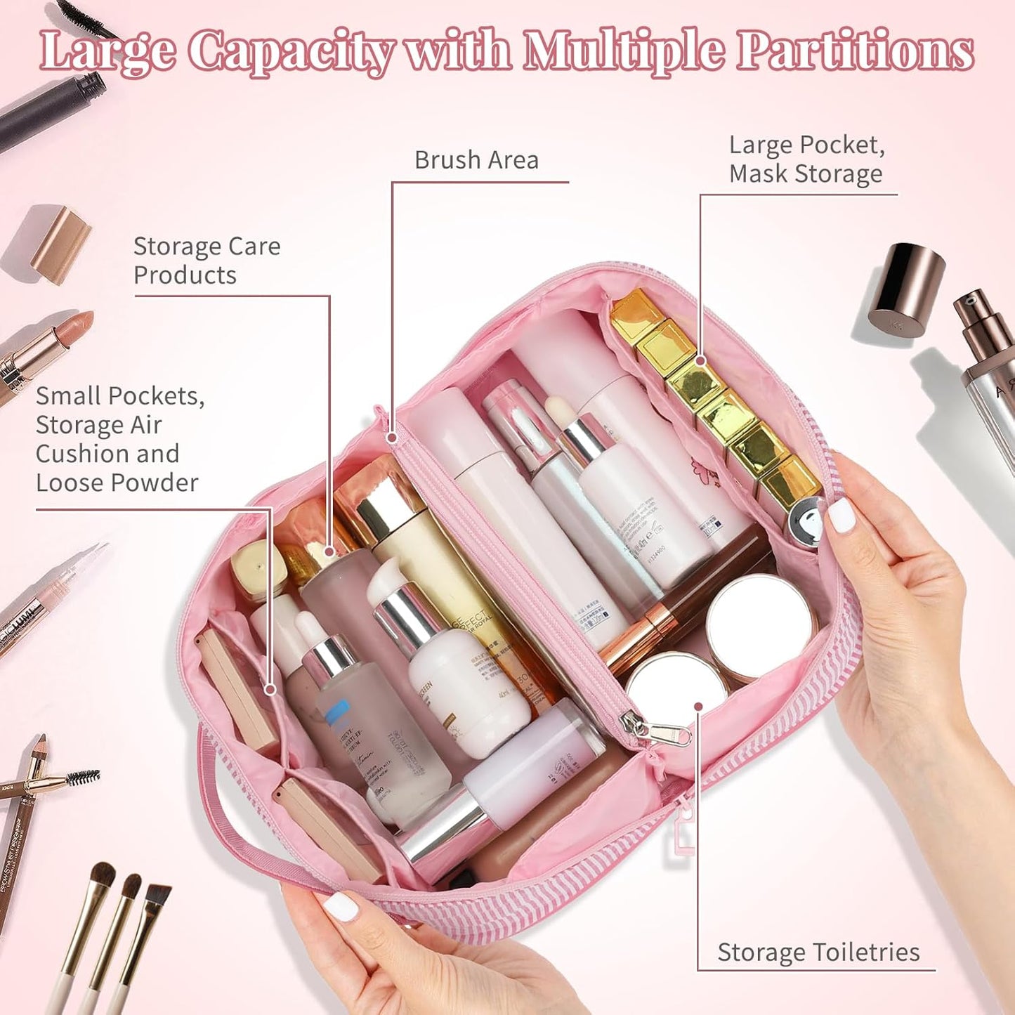 Travel Makeup Bag for Women, 2Pcs Portable Personalized Initial Makeup Organizer Bag, Open Flat Large Cosmetic Bag With Travel Essential Pouch (Pink Letter X)
