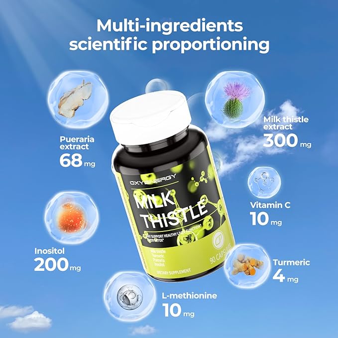 OxyEnergy Silymarin Milk Thistle 300mg Extract with Vitamin C, Inositol & Pueraria, Liver Detox & Repair Support, Antioxidant Support,90 Capsules,Pack of 2