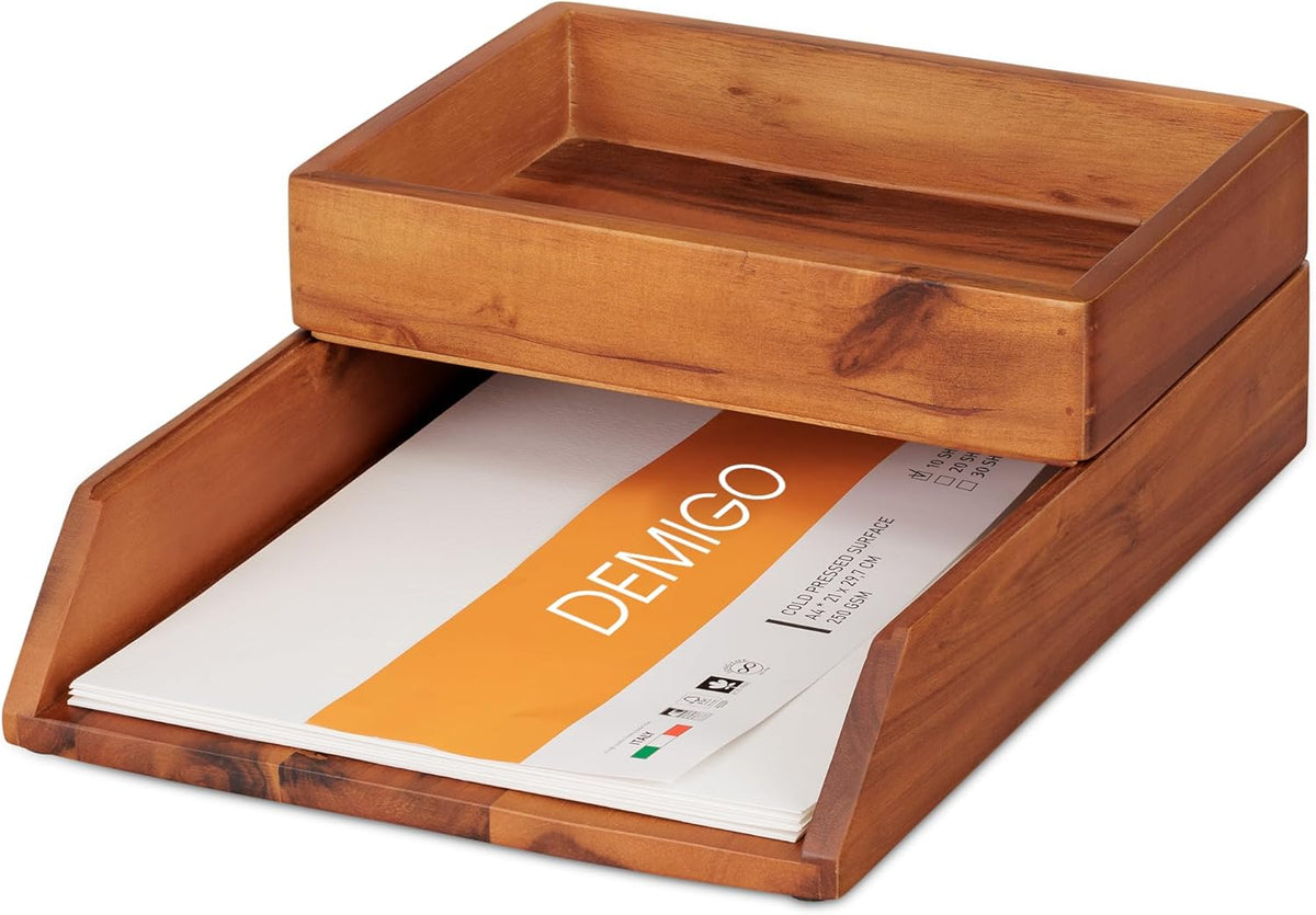 Demigo Desk Organizer Letter Tray Set of 2, Acacia Wood Tabletop Desktop for Storage Paper Letter Folders Notebooks Copy Print, Workspace Holder, Keep Stationery Saver (Brown)
