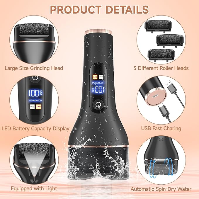 Electric Callus Remover for Feet,Rechargeable Portable Electronic Foot File Pedicure Kits,Professional Waterproof Pedi Feet Care Tools Wet&Dry Foot Scrubber File Perfect for Hard Cracked Dry Dead Skin