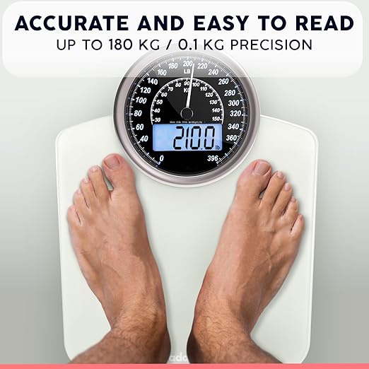 Adamson Hybrid 2-in-1 Analog & Digital Weighing Scale for Body Weight up to 400lbs + Thick Tempered Glass + Extra Large Display + Easy to Read Digital Bathroom Scale + New - White