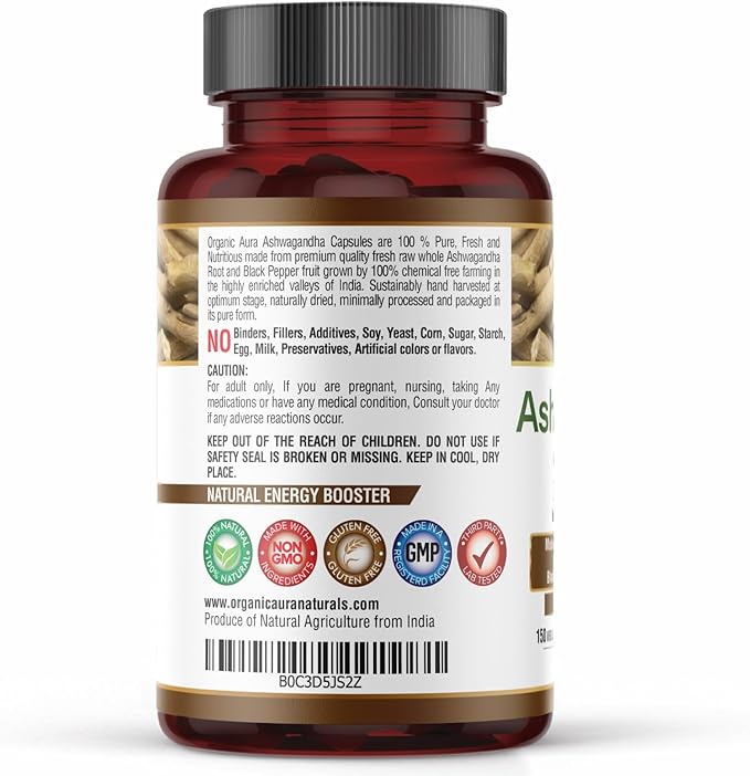 Ashwagandha with Pepper Capsules 1500mg -150 Veg Capsules. Non GMO - Gluten Free.