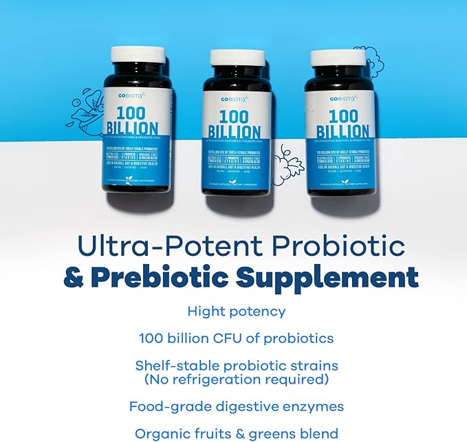 GOBIOTIX 100 Billion - Digestive Enzymes Supplement - Probiotics Multivitamin - Prebiotic Fiber Blend - 100 Billion CFU - Organic Fruit and Greens Blend - Vegan, Non GMO - 30 Capsules