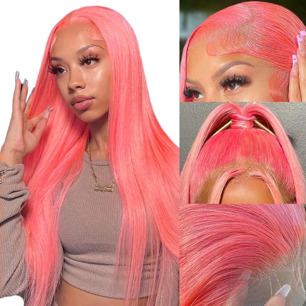 MUGOHK Pink Lace Front Wig Human Hair 22 Inch 13x4 Cotton Candy Straight HD Lace Frontal Wig Pre Plucked With Baby Hair Bubblegum Lace Closure 150 Density for Women