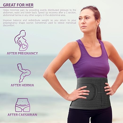 ORTONYX Abdominal Binder for Postpartum, C-Section, and Hernia Support - Belly Band for Women and Men - Adjustable Hook&Loop, Breathable Fabric, Lower Back Support - Black L/XL