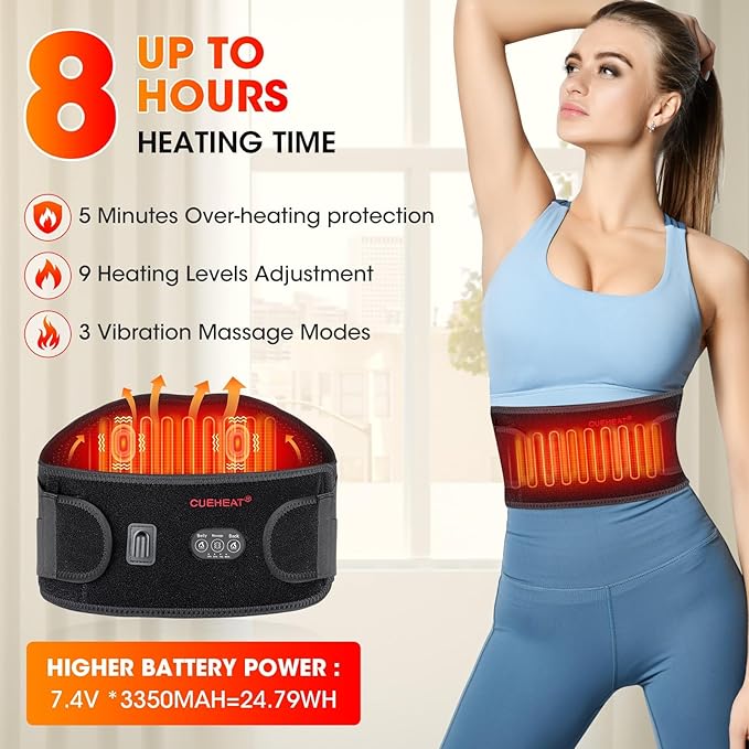 CUEHEAT Heated Waist Belt, Cordless Heating Pad for Low Back, Electrical Heating and Massage, Rechargeable Battery Powered (Black Upgraded,49 inches)