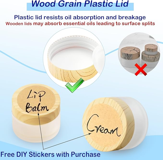 1/2 oz Glass Jars with Lids 4Pcs Frosted Glass Lip Balm Containers Cosmetic Containers Empty Sample Jars for Lotion Cream Lip Balm Eyeshadow, with Spatulas, Stickers