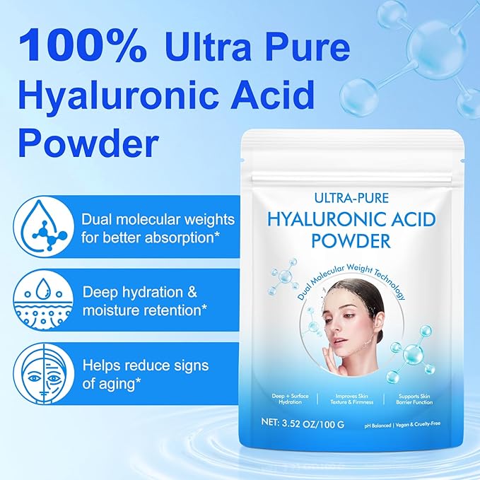 Hyaluronic Acid Powder - 2 Pack Multi-Level Hydration Support, Improves Skin Texture, Supports Healthy Skin Barrier, Natural Multi-Use DIY Facial Serum 3.52 Oz