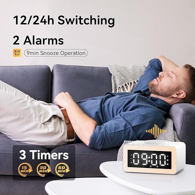 Dual Speaker White Noise Sound Machine, Wireless Charging Alarm Clock for Sleeping with 5.3 Bluetooth, Soothing Music, Dimmable Night Light, Sleep Timer, Ideal for Bedroom, Baby & Adults
