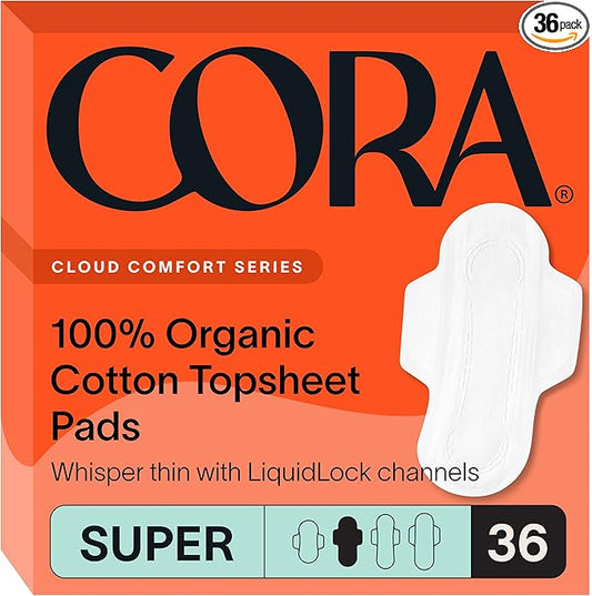 Cora 100% Organic Cotton Topsheet Ultra Thin Period Pads With Wings | Super Absorbency | Ultra-Absorbent Sanitary Pads for Women (36 Count)