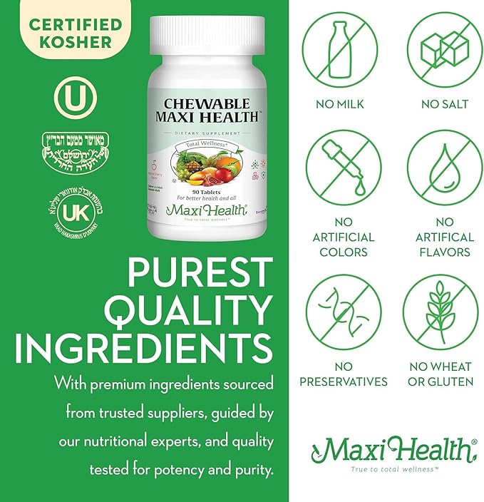 Maxi Health Chewable Multivitamin for Kids, Teens and Adults - Cherry Chewable Vitamins for Adults & Children - Kosher Kids Multivitamin + Iron (90 Tablets)
