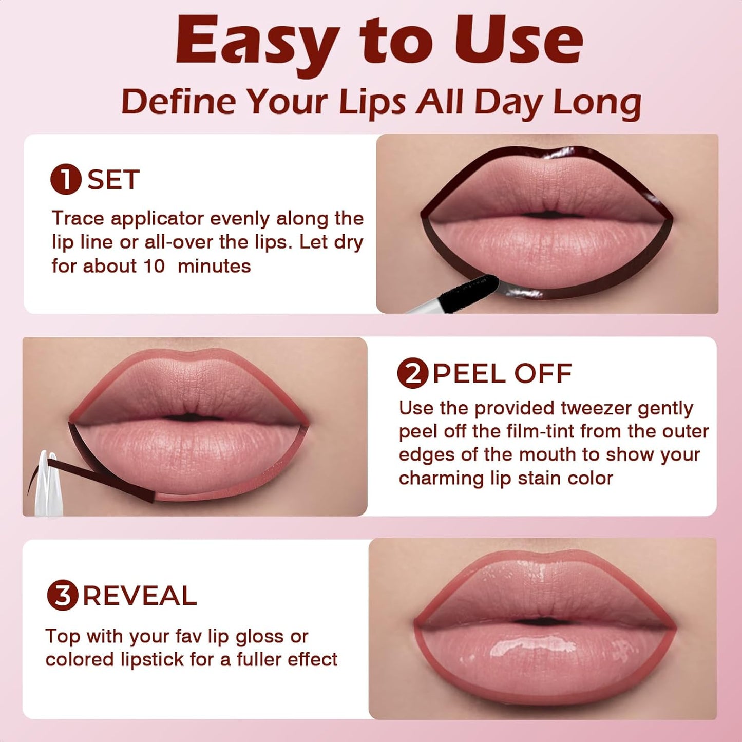 Lip Liner Stain Peel Off with Tweezer, Long Lasting Matte Lip Tattoo, Highly Pigmented Color Lip Tint Makeup, Waterproof, Transfer-proof Lipstain for Women, for All Skin Types
