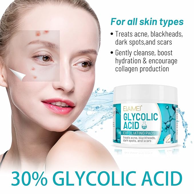 30% Glycolic Acid Pads Wipes for Skin Care Exfoliating Cleansing, Face Pore Cleaner Minimizer Acne Treatment, Chemical Peel Solution for Dark Spots, Breakouts, Scars, Reduce Wrinkle Fine Line, 50 Pads