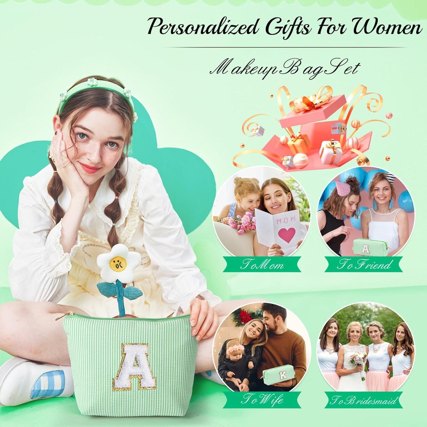 YOOLIFE Makeup Bag for Women - Monogram Cute Initial Makeup Bags Cosmetic Toiletry Pouch Make Up Case for Women Her Best Friend Friendship Sister Teacher, Personalized Birthday Gifts for Women P