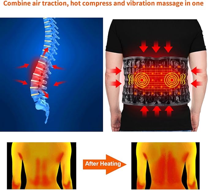 Decompression Back Belt with Heating and Vibration, Inflatable Lumbar Traction Belt for Back Pain Relief with 4000mAh Rechargeable Battery, Size Fits 29-49 Waist, Black