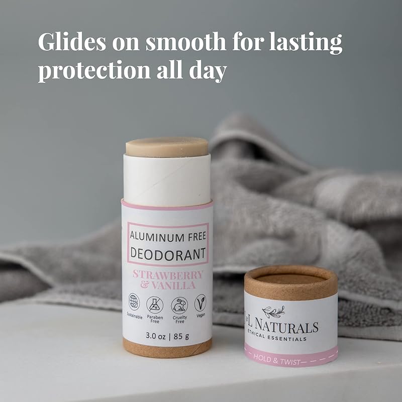 J&L Naturals Aluminum Free Deodorant for Men & Women | 100% Natural Ingredients With Coconut Oil, Shea Butter, & Essential Oils | Sustainable, Eco-Friendly (Strawberry & Vanilla, 3.0 Oz (Single))