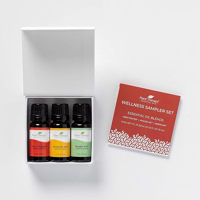 Plant Therapy Wellness Sampler Essential Oil Set – 100% Pure Undiluted Oils: Germ Fighter, Immune Aid & Respir Aid – Immune Support, Respiratory Relief & Seasonal Wellness, 3-Pack