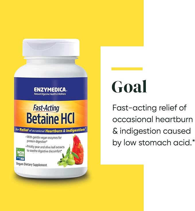 Enzymedica, Betaine HCl, Occasional Heartburn and Indigestion Support, 120 Capsules