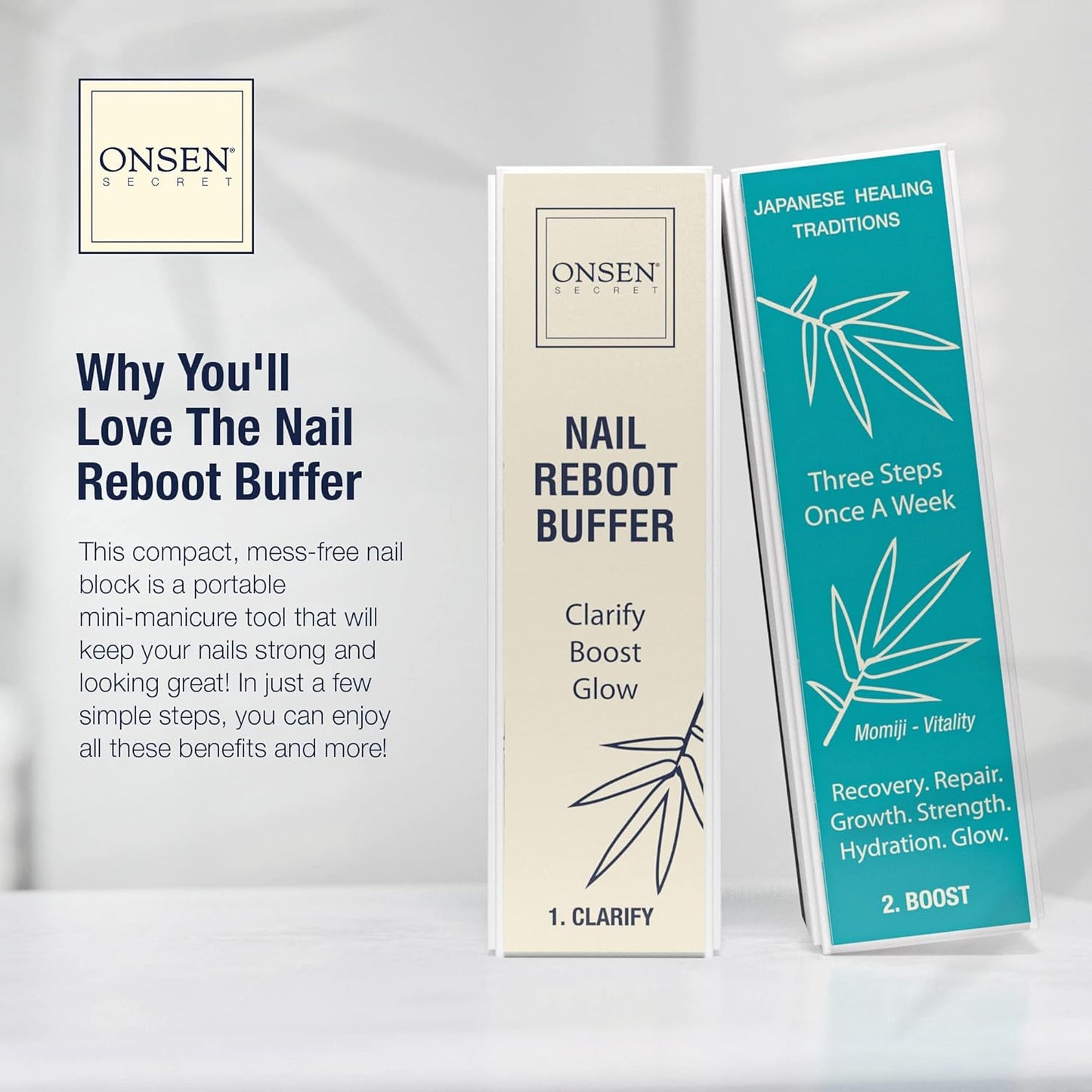 Onsen Secret Cuticle Cream Bundle, Double Sided Nail File 120/180 Grit, Nail Cuticle Oil - Japanese Natural Healing Minerals Nail Care Serum. (15ml + Buffer + Nail File)
