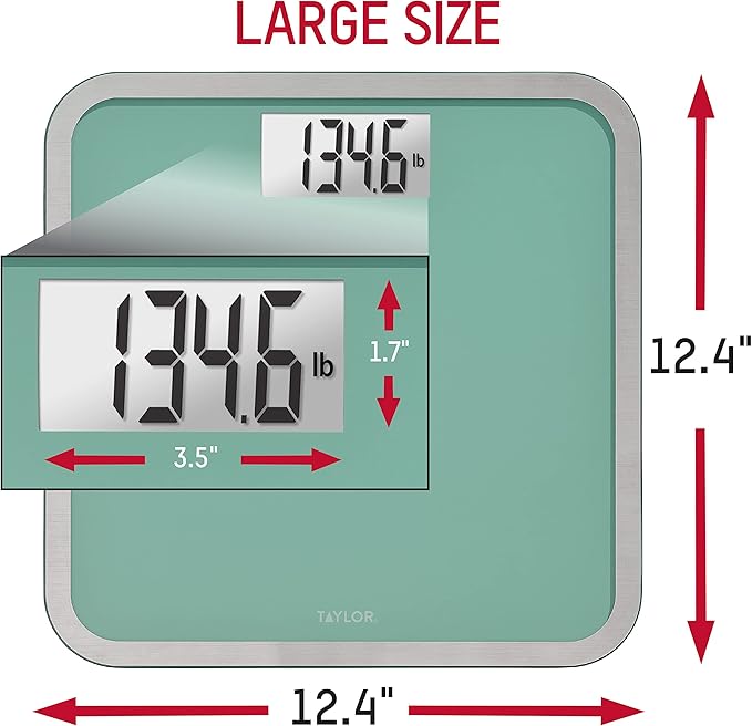 Taylor Digital Glass Bathroom Scale for Body Weight, Large Durable Platform, Extra High 500 lb Capacity, Large 3.5"x1.7" White Backlit Display, Sea Foam Green
