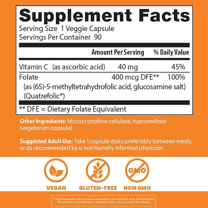 Doctor's Best Fully Active Folate with Quatrefolic400 mcg, Healthy Mood, Memory, Circulation, Well-Being, 90 VC