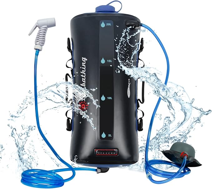Portable Camping Shower Bag, 20L/5.4 Gallons Solar Shower Bag with Pressure Foot Pump and Shower Nozzle for Beach Camping Swim Travel Hiking Trip