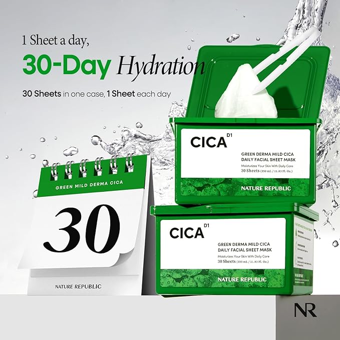 Nature Republic Cica Daily Face Mask (30 vegan sheets) Propolis Extract & Centella Asiatica Bulk Facial spa Mask for Moisturizing & Hydrating Glow, korean beauty skin care for all skin types