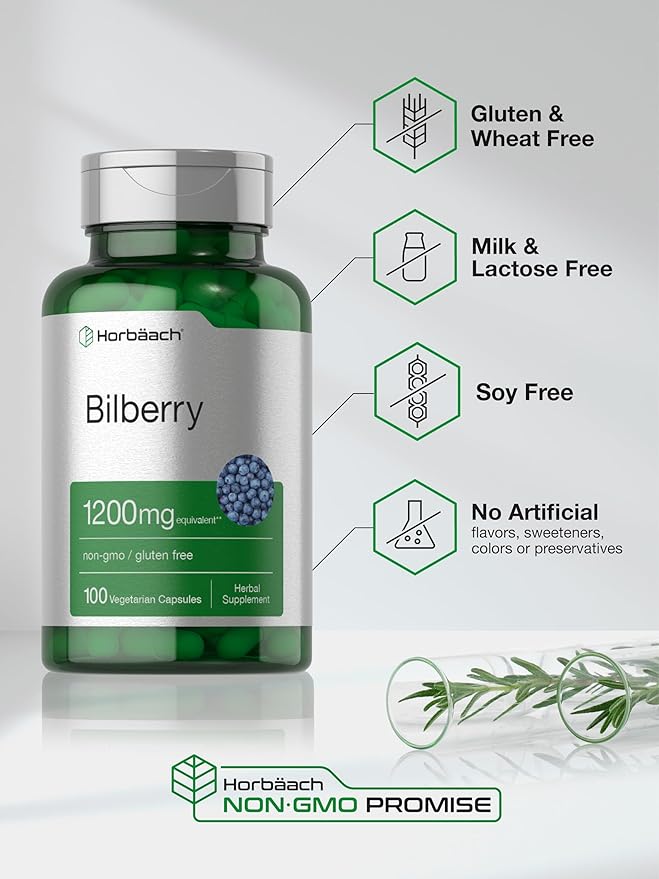 Horbäach Bilberry Fruit Extract 1200mg | 100 Capsules | Vegetarian, Non-GMO, Gluten Free Supplement