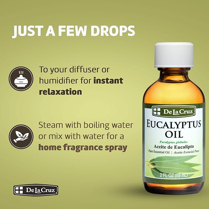 De La Cruz Eucalyptus Essential Oil Aromatherapy for Diffuser or Humidifier 100% Pure Steam Distilled Eucalyptus Globulus - 2 Fl Oz (Pack of 6)
