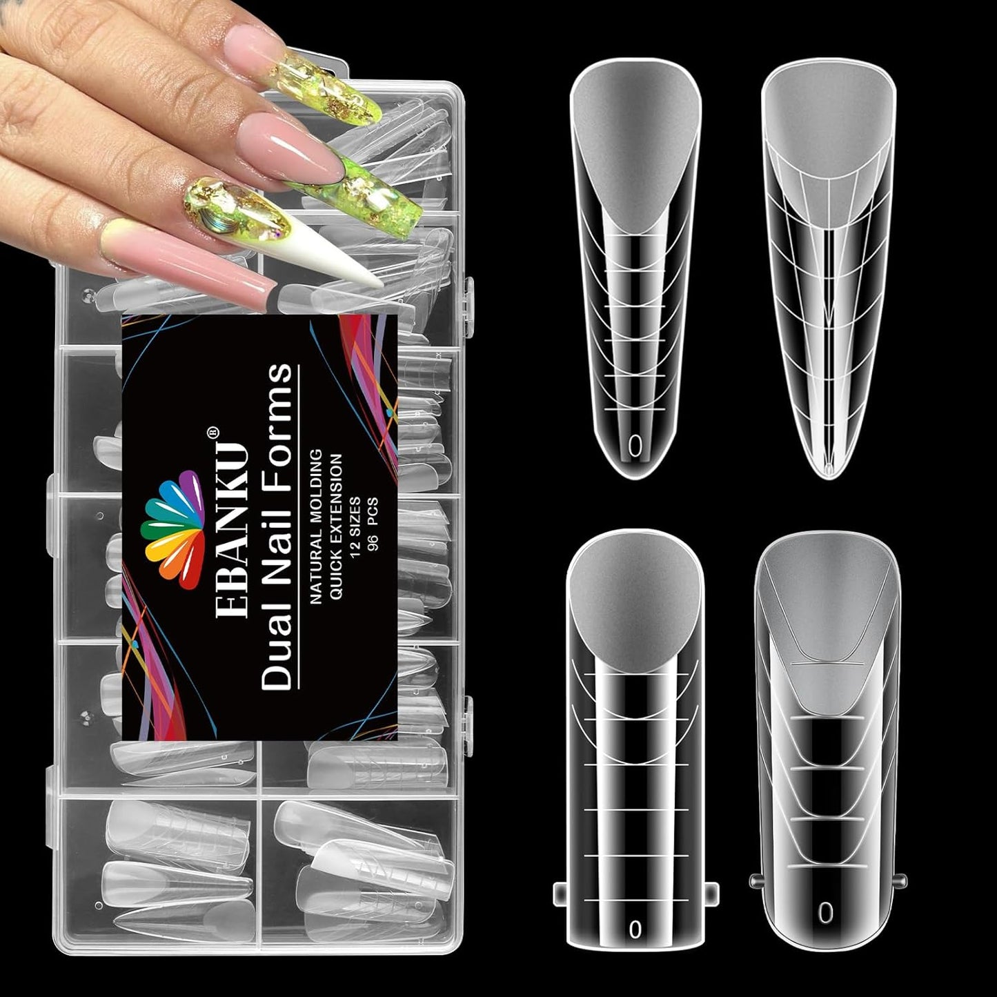 EBANKU Dual Nail Forms for Poly Extension Gel, 96 PCS Clear Nail Molds Reusable Nail Extension Forms for Builder Gel Manicure Design Salon DIY-12 Sizes