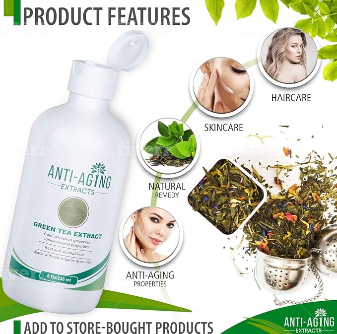 Pure Green Tea Extract for Skin and Hair – Cold-Processed Antioxidant, Polyphenol & EGCG Serum with USDA Organic Leaves – Natural - Alcohol-Free - 8 fl oz