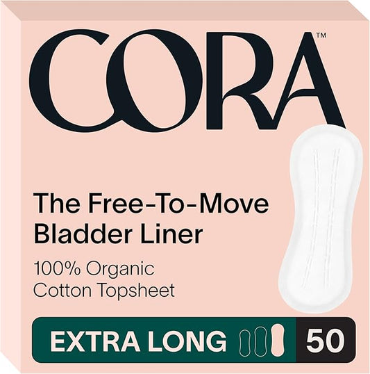 Cora Ultra Thin Organic Bladder Liners | Incontinence & Postpartum Pads for Women | Panty Liners for Bladder Leaks | Breathable Cotton (50 Extra Long)