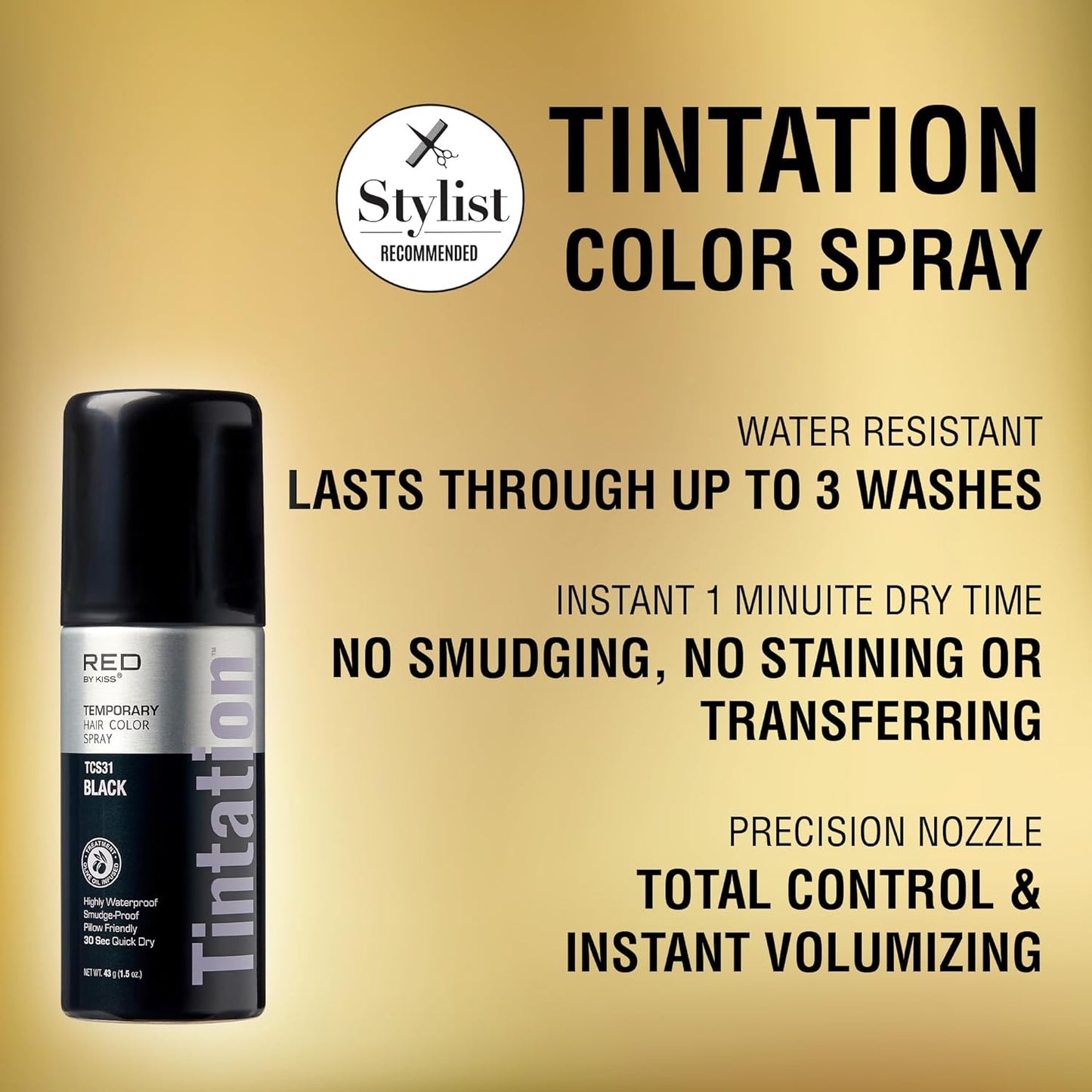 RED by Kiss 1.5OZ. Tintation Temporary Hair Color Spray, Instant Gray Root Cover Up, Water-Resistant, Smudge-Proof, Hairline & Barber Touch-Up, Quick Dry, Travel Size Spray (Black)