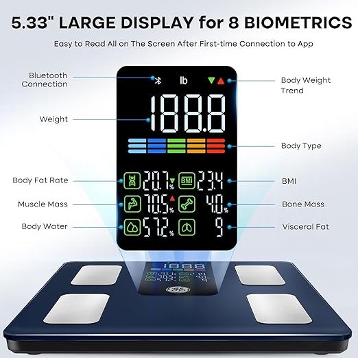 GE Scale for Body Weight Smart: Digital Bathroom Body Fat Scales for BMI Muscle Bluetooth Smart Weight Monitor 11.8" Large Platform Accurate Weighing Machine Health Analyzer with App 500lbs Black