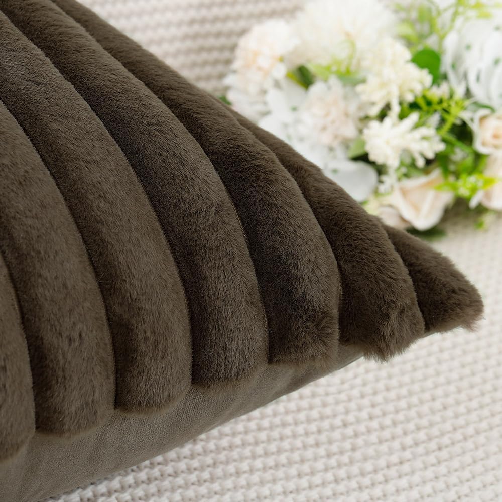 MADIZZ Set of 2 Faux Wool Plush Decorative Throw Pillow Covers 22x22 Inch Drak Brown Fluffy Striped Soft Decorative Cushion Cover for Sofa Bedroom Pillow Shell