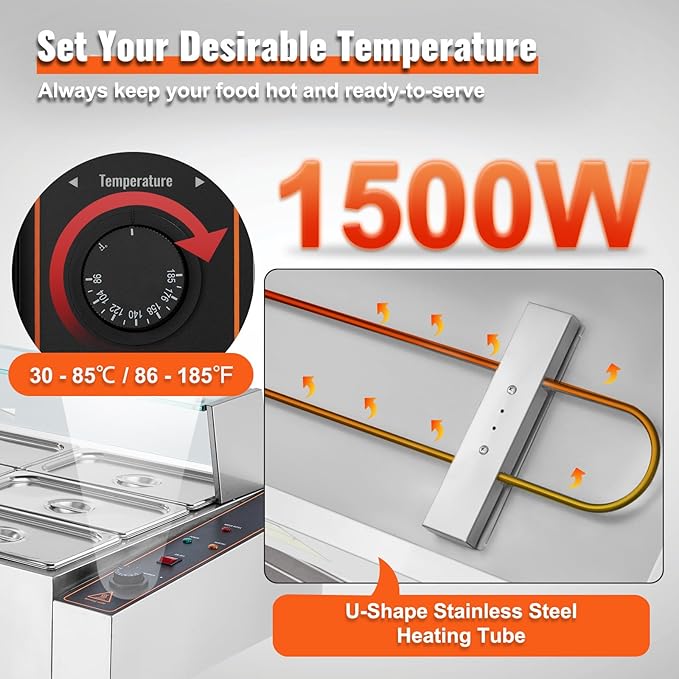 VEVOR 9-Pan Commercial Food Warmer, 9 x 8QT Electric Steam Table with Glass Cover, 1500W Countertop Stainless Steel Buffet Bain Marie 86-185°F Temp Control for Catering, Restaurants, Silver